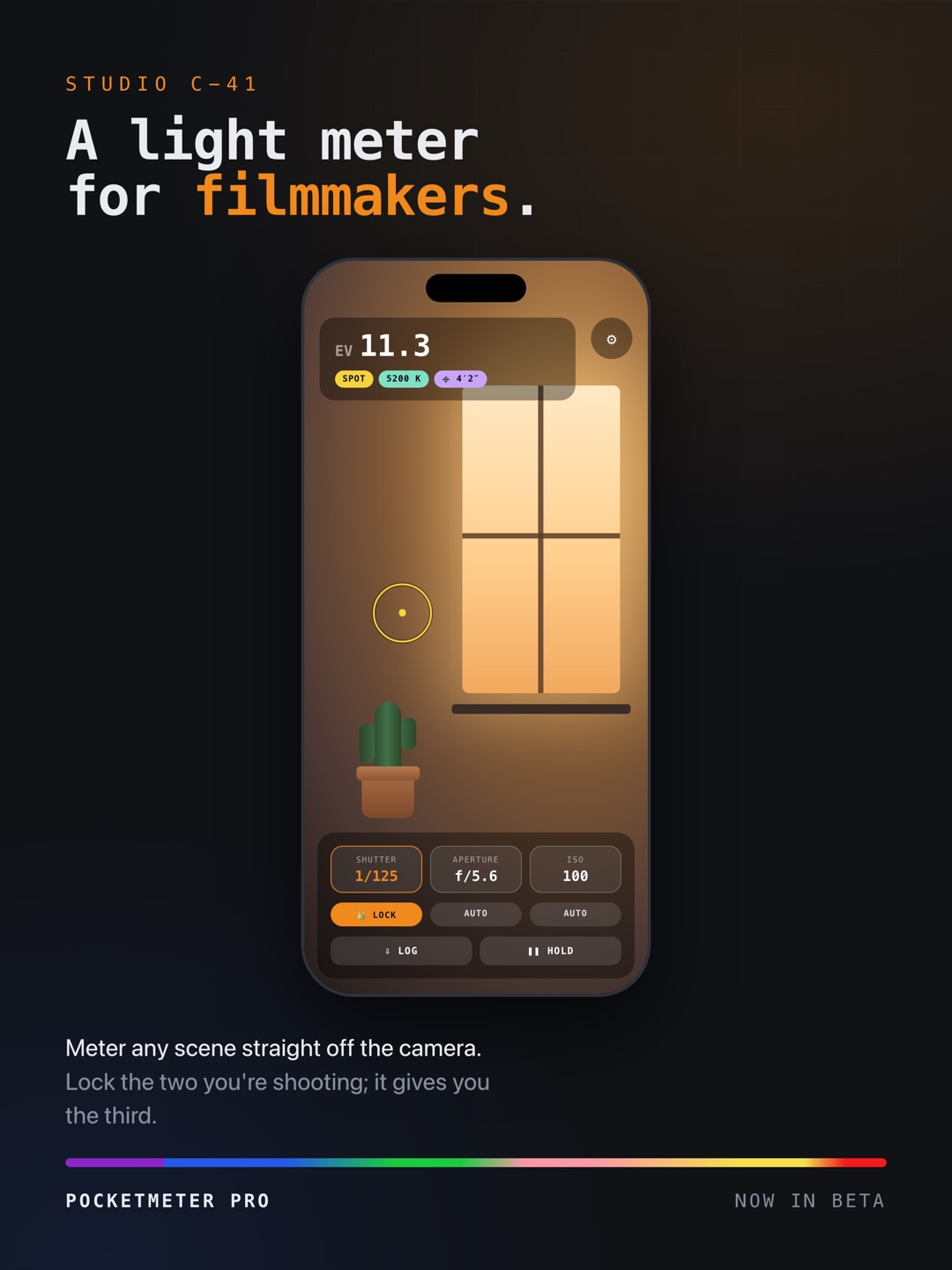 Cover card: a light meter for filmmakers, showing the app metering a golden-hour interior.