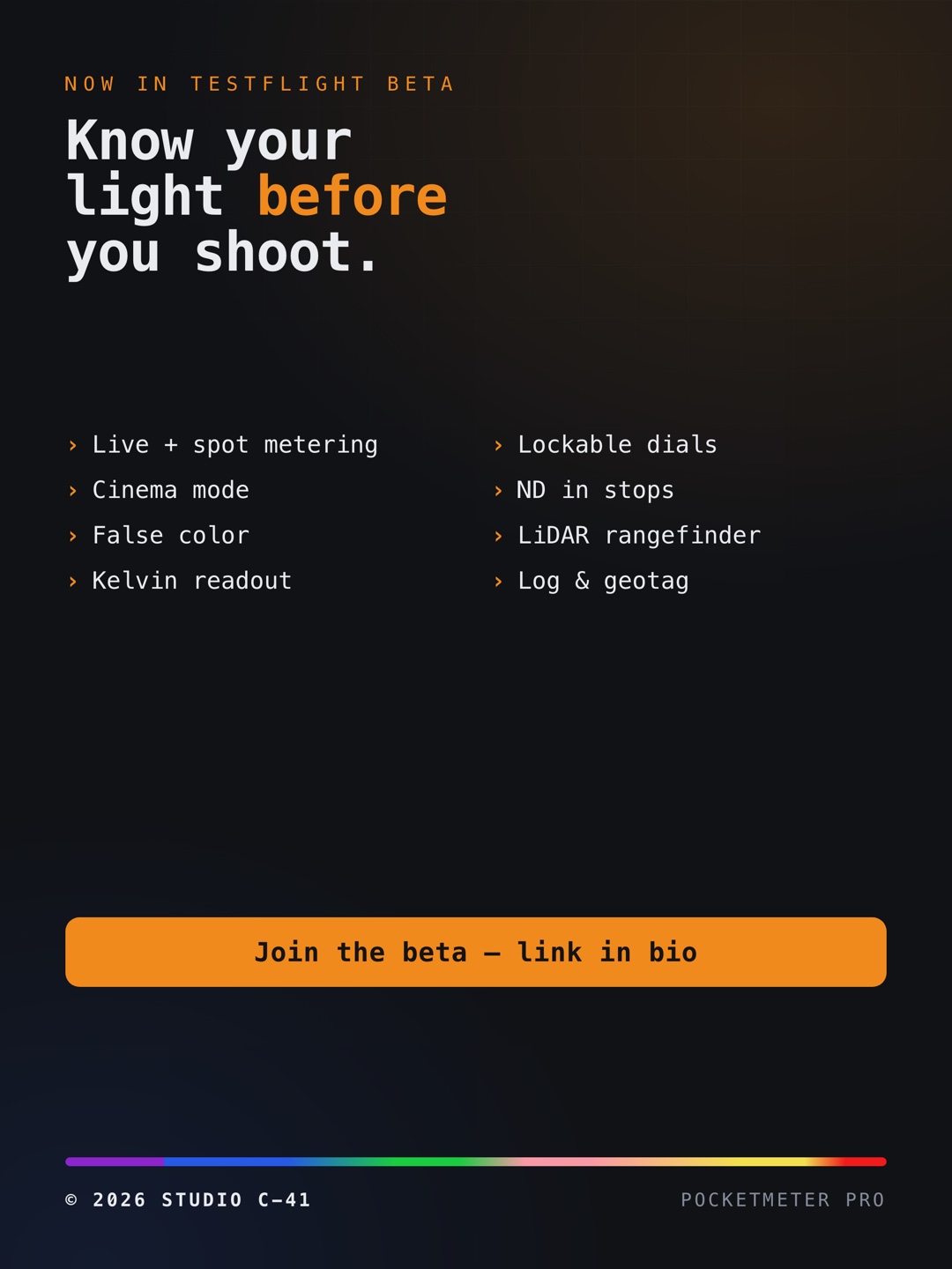 Feature recap card listing metering, Cine mode, false color, LiDAR range and logging, with a beta call to action.
