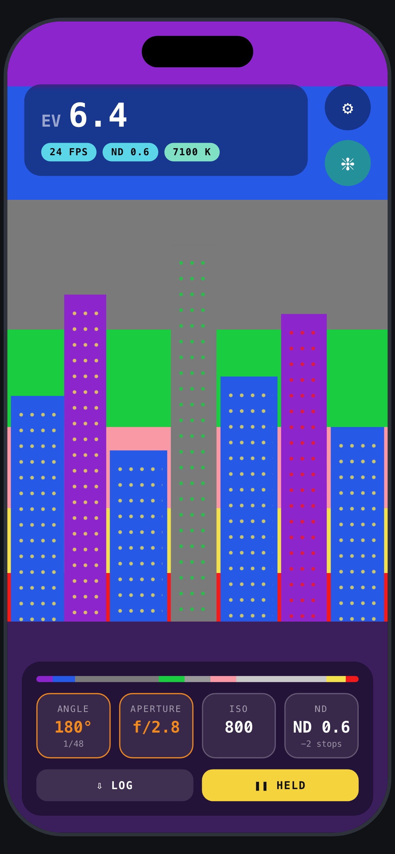 App preview: Cine mode with false color, shutter angle, iris, ISO and ND on the control deck.