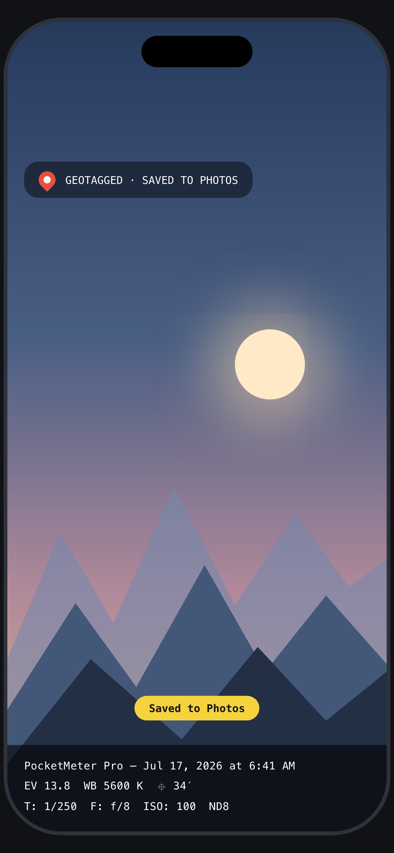 App preview: a logged mountain frame geotagged and saved to Photos with the exposure stamped on it.