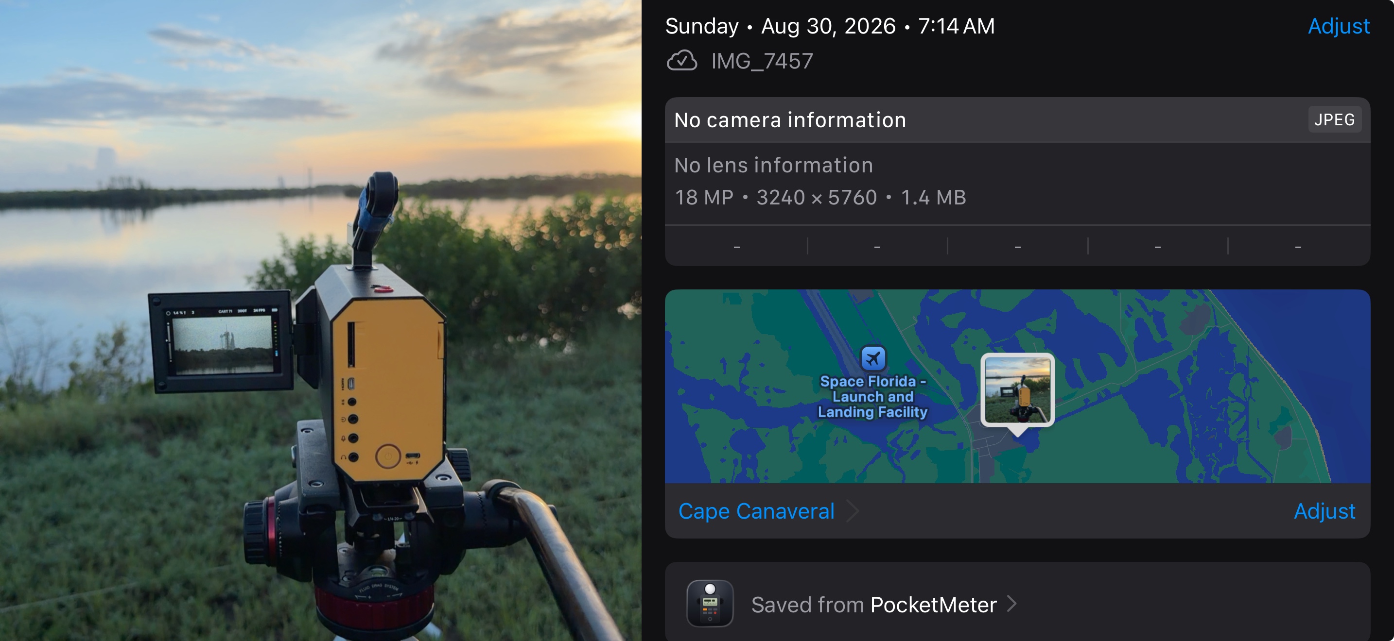 The logged frame in the Photos info view, showing the location on a map at Cape Canaveral and the file attributed to PocketMeter
